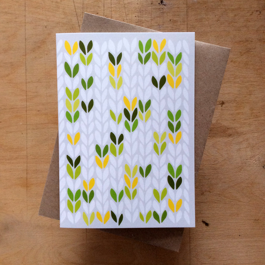 Green and Yellow Stocking Stitch -Tilly Flop greetings card