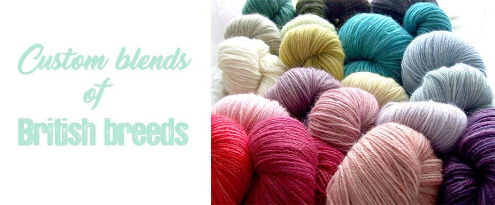 Photo of large skeins of yarn with text custom blends of british breeds