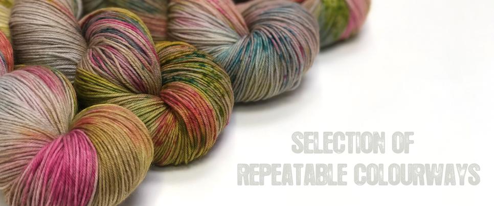 Photos showing skeins of yarn in honeycreeper colourway with text selection of repeatable colourways